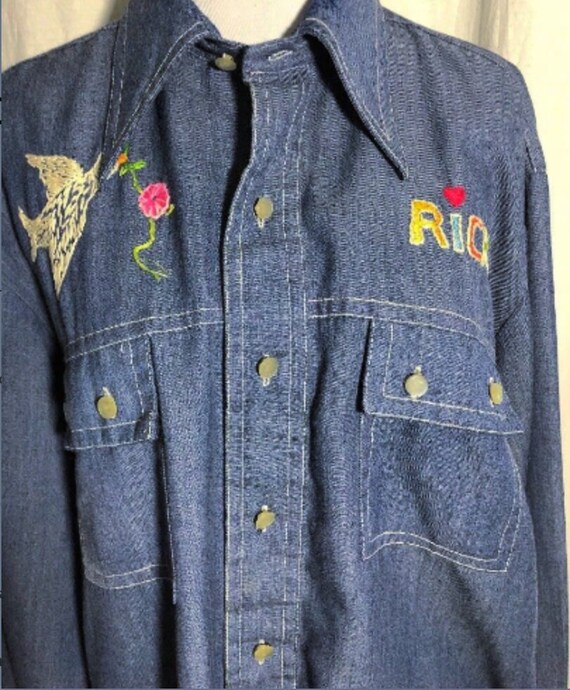 Vintage 1970 Polyester Jean Shirt Pearl Buttons Em