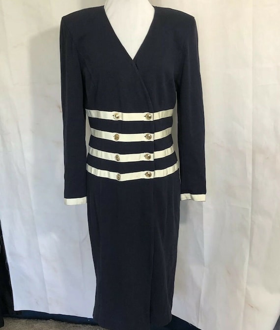 Adrienne Vittadini Navy Blue Double Breasted Dress Cream Ribbon Trim Size Small