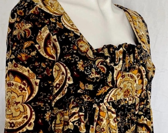 Vintage 1960s Velvet Paisley Dress, Empire Waist, Ruffle Neck