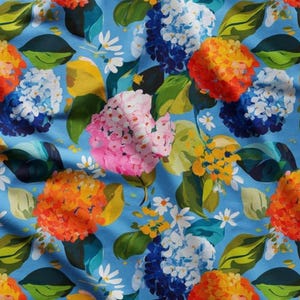 Watercolor Hydrangea Digital Printed Fabric on Blue, Upholstery Fabric for  furniture, sofa, chair, bench, couch, ,curtains, tablecloth