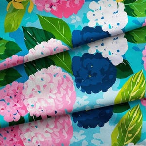 Watercolor Hydrangea Digital Printed Fabric on Turquoise, Upholstery Fabric for  furniture, sofa, chair, bench, couch, ,curtains, tablecloth