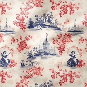 Toile de Jouy, Vintage Women, Female Silhouettes Among Red Roses Multi-Purpose Decorative Digital Printed Fabric, cushion, sofas, curtains