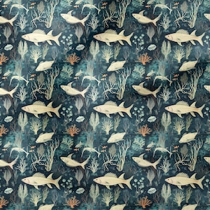 Turquoise Fish Fabric, Digital Printed Fabric, Microfiber Upholstery fabric by the yard, fabric for furniture, sofa, curtain, tablecloth