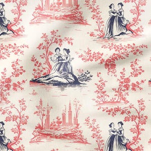 Toile de Jouy, Vintage Women, Female Silhouettes Among Red Roses Multi-Purpose Decorative Digital Printed Fabric for furniture
