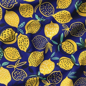 Modern Polka Dot Lemon Fabric on Navy Blue, Microfiber Upholstery fabric by the yard, furniture, sofa, chair, bench, couch ,tablecloth