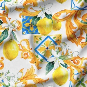 Floral Lemon Fabric, Microfiber Upholstery fabric by the yard, furniture, sofa, chair, bench, couch ,tablecloth, curtains