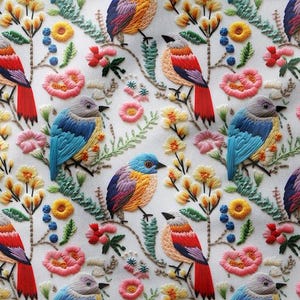 3D Vintage Bird Floral Embroidery Pattern Digital Print Fabric , Upholstery Fabric for  furniture, sofa, chair, bench, couch