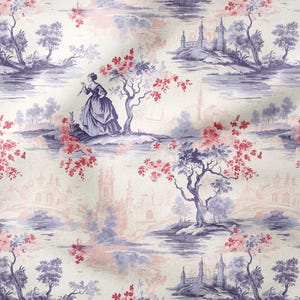 Pastel Toile de Jouy Vintage Women, Female Silhouettes Among Trees and Castle Multi-Purpose Decorative Digital Print Fabric for furniture