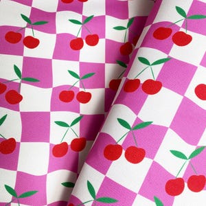 Red Cherry Pink Checkered Fabric  Microfiber Upholstery fabric by the yard, furniture, sofa, chair, bench, couch ,tablecloth
