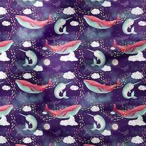 Whale Fabric on purple ,Childrens Fabric, Microfiber Upholstery fabric by the yard, Kids fabric, Nursery fabric