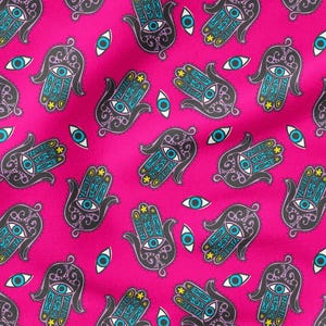 Pink Hamsa Fabric, Evil Eye Fabric, Upholstery Fabric by the yard, Digital Printed Fabric , Furniture Fabric