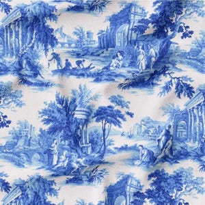 Blue Toile Fabric Digital PrintFabric, Upholstery Fabric for furniture, sofa, chair, Bench, curtains, tablecloth, tablerunner, outdoor