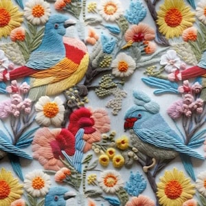 3D Vintage Bird Floral Embroidery Pattern Digital Print Fabric , Upholstery Fabric for  furniture, sofa, chair, bench, couch
