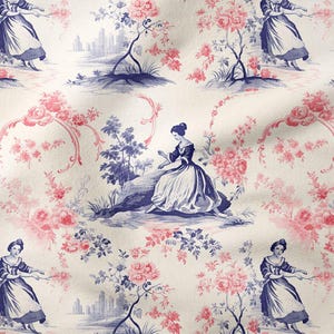 Toile de Jouy, Vintage Women, Female Silhouettes Among Roses Multi-Purpose Decorative Digital Printed Fabric, cushion, sofas, curtains