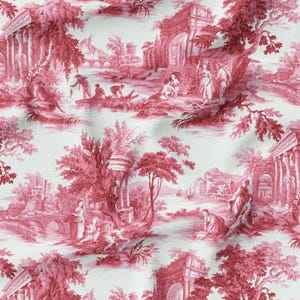Pink Toile de Jouy Vintage Women, Female Silhouettes Among Trees and Castle Multi-Purpose Decorative Digital Print Fabric for furniture