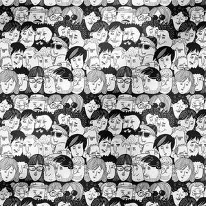 Black and White Pencil Drawing Human Heads Patterned Digital Printed Fabric, Upholstery Fabric by the yard, fabric for furniture