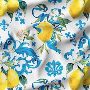Floral Lemon Fabric, Microfiber Upholstery fabric by the yard, furniture, sofa, chair, bench, couch ,tablecloth, curtains