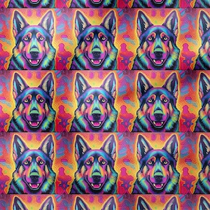Colorful Illustration German Shepherd Dog Pattern Digital Printed Design Fabric by the yard, fabric for furniture, sofa, curtains, cushion