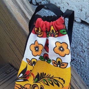drawstring bag handsewn ooak Russian floral and upcycled black denim