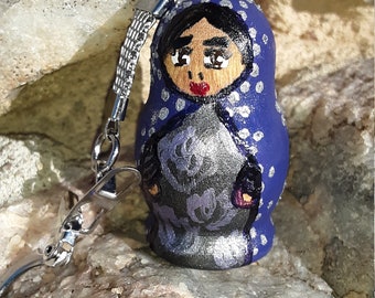 Purple matryoshka keychain zipper pull ooak