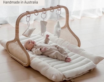 Rattan Baby Activity Gym | Stone Gingham & Cloud | Handmade Newborn Play Gym