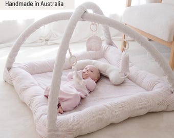 Lined Linen Baby Activity Play Mat with Arches, Large 1m x 1m | Handmade Australia