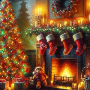 Christmas Tree In Cozy Living Room / Christmas tree art / Cozy holiday decor / Digital Christmas art / Christmas living room / Holiday decor