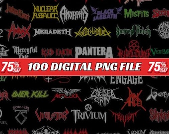 100 heavy metal Band logo T-shirt Designs PNG Digital Download