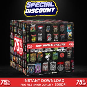 May include: A black cube featuring numerous band logos and graphics. The cube has a "Special Discount" banner and text indicating a 75% off sale. The text also mentions "180+ Digital PNG File" and "High-resolution (300 DPI)".