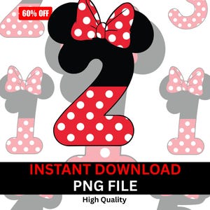 May include: A digital graphic featuring a red number two with white polka dots, a black mouse ear silhouette, and a red bow with white polka dots. The image includes the text "INSTANT DOWNLOAD PNG FILE High Quality" and a "60% OFF" tag.