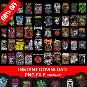 May include: A black graphic featuring numerous band logos, including Deftones, Foo Fighters, and Black Sabbath. The image includes a "60% OFF" banner and text that reads "INSTANT DOWNLOAD PNG FILE High Quality". Below are images of black t-shirts.