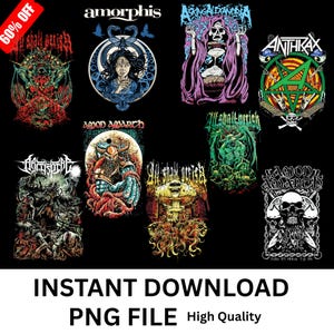 Puede incluir: Una colección de diseños gráficos con logotipos y obras de arte de bandas, incluyendo "Amorphis", "Asking Alexandria" y "Anthrax". Los diseños son de varios colores y estilos, con un fondo oscuro. La imagen también incluye el texto "Instant Download PNG File High Quality."