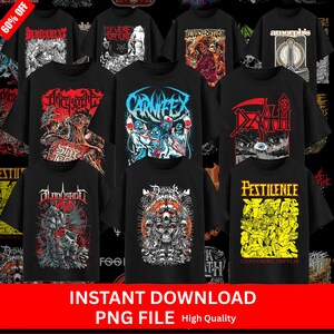 May include: A selection of black graphic t-shirts with band logos and artwork. The designs include skulls, monsters, and text. The image also includes the text "INSTANT DOWNLOAD PNG FILE High Quality" and a "60% OFF" banner.