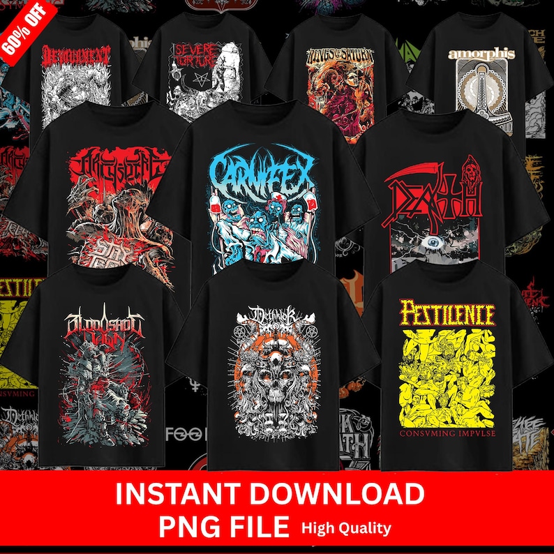 May include: A selection of black graphic t-shirts with band logos and artwork. The designs include skulls, monsters, and text. The image also includes the text "INSTANT DOWNLOAD PNG FILE High Quality" and a "60% OFF" banner.