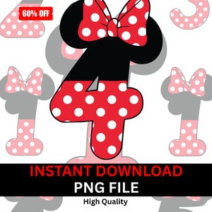 May include: A digital design featuring the number 4 in red with white polka dots, a black head, and a red bow with white polka dots. The text "INSTANT DOWNLOAD PNG FILE High Quality" is displayed below the number.