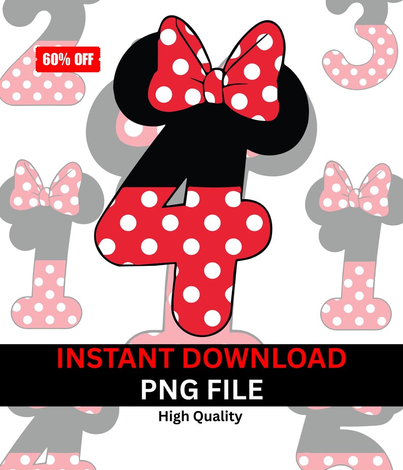 May include: A digital design featuring the number 4 in red with white polka dots, a black head, and a red bow with white polka dots. The text "INSTANT DOWNLOAD PNG FILE High Quality" is displayed below the number.