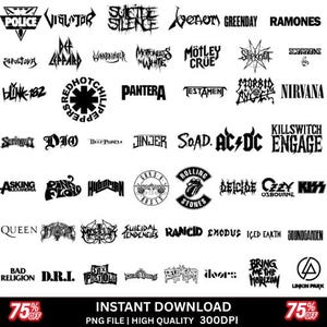 Puede incluir: Gráfico de descarga digital en blanco y negro con los logotipos de varias bandas de rock y metal, incluyendo AC/DC, Nirvana y los Rolling Stones. La imagen también incluye el texto "Descarga instantánea" y "75% de descuento".