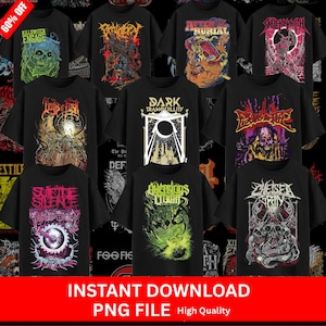 May include: A selection of black t-shirts featuring band logos and artwork. Designs include skulls and other imagery, with band names such as "Dark Tranquillity" and "Chelsea Grin." The image also includes the text "Instant Download PNG File High Quality."