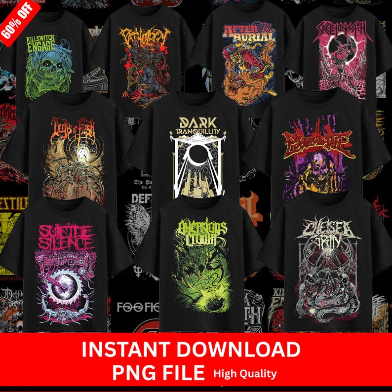 May include: A selection of black t-shirts featuring band logos and artwork. Designs include skulls and other imagery, with band names such as "Dark Tranquillity" and "Chelsea Grin." The image also includes the text "Instant Download PNG File High Quality."