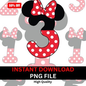 May include: A digital design featuring a red number three with white polka dots, black mouse ears, and a red bow with white polka dots. The image includes the text "INSTANT DOWNLOAD PNG FILE High Quality".