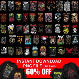 Puede incluir: Una colección de diseños gráficos con logotipos y obras de arte de varias bandas de heavy metal. Los diseños se muestran en camisetas negras y como archivos PNG digitales. La imagen incluye el texto "INSTANT DOWNLOAD PNG FILE High Quality 60% OFF".