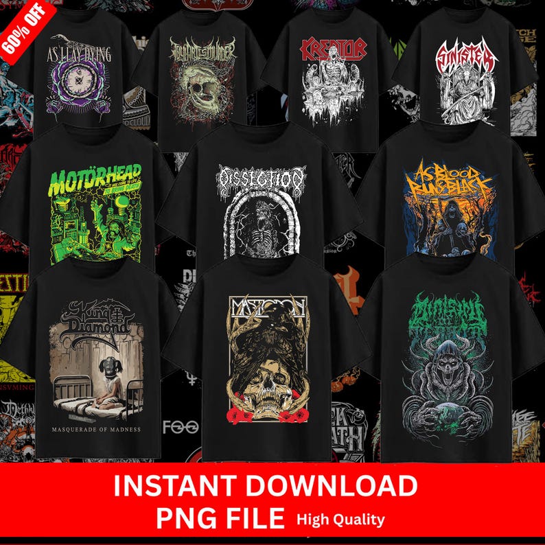 May include: A selection of black graphic t-shirts with band logos and artwork. Designs include skulls, skeletons, and other dark imagery. The text "INSTANT DOWNLOAD PNG FILE High Quality" is at the bottom.