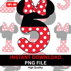 May include: A digital graphic featuring the number 5 in red with white polka dots, a black outline, and a red polka dot bow. The image includes the text "INSTANT DOWNLOAD PNG FILE High Quality".