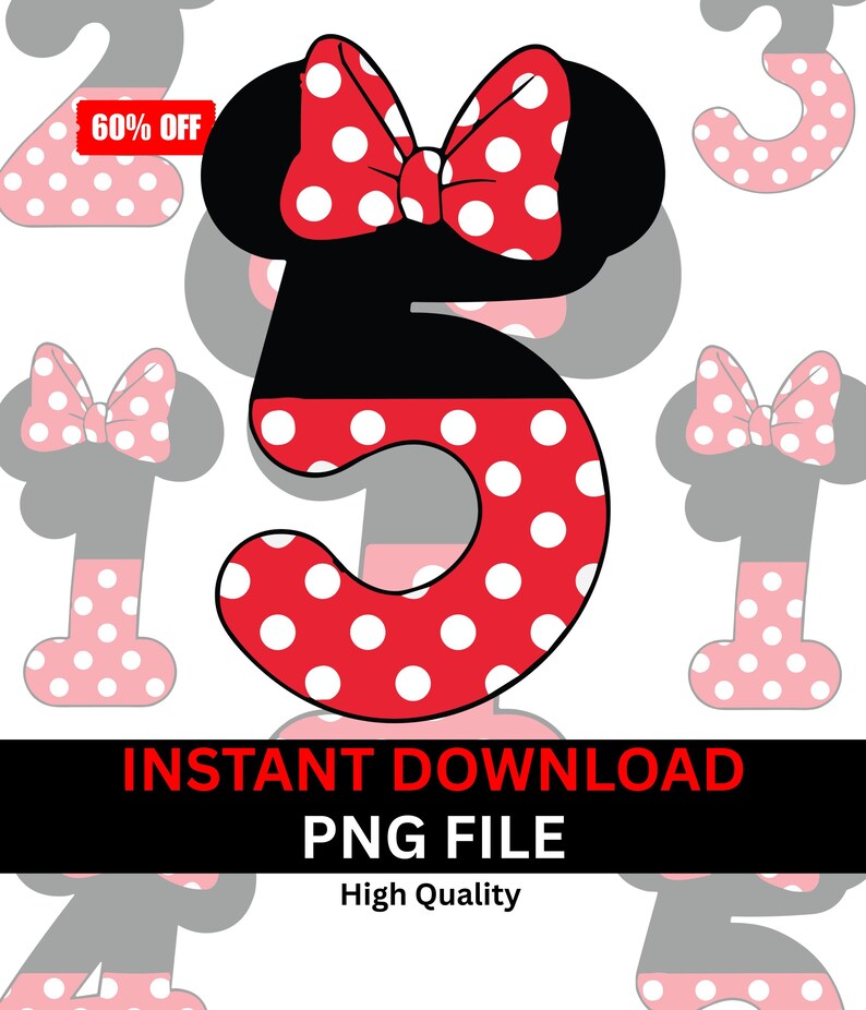 May include: A digital graphic featuring the number 5 in red with white polka dots, a black outline, and a red polka dot bow. The image includes the text "INSTANT DOWNLOAD PNG FILE High Quality".