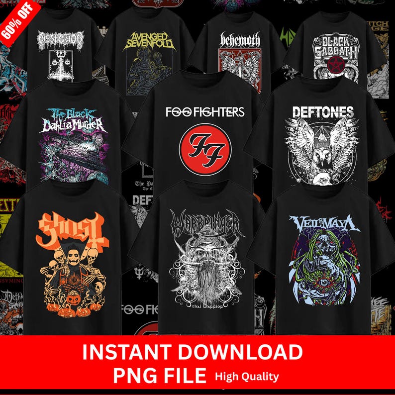 May include: A selection of black t-shirts displaying band logos and artwork. Bands featured include Foo Fighters, Black Sabbath, and Deftones. The image also includes the text "INSTANT DOWNLOAD PNG FILE High Quality" and "60% OFF".