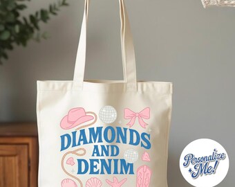 Custom Diamonds and Denim Totebag, Western Cowgirl Coquette Bridesmaid Totebag, Trendy Disco Cowgirl Bag, Wedding Must Haves