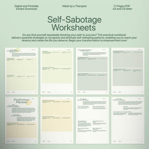 Self-Sabotage Worksheets | Therapy Workbook | Self Love journal | Therapist Office | CBT