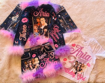 Traje de cumpleaños personalizado con temática de Bratz: chaqueta vaquera, falda y camisa
