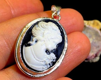 925K Sterling Silver Vintage Black Cameo Necklace, Cameo Jewelry for Her, Vintage Inspired Jewelry, Gift for Her