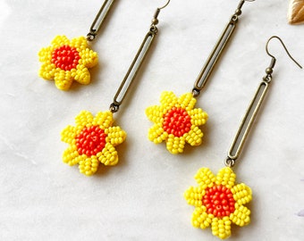 Beaded Sunflower Earrings. Drop Sunflower Earrings. Floral Jewelry. Floral Earrings. Yellow Flower Earrings. Boho Inspired Earrings.